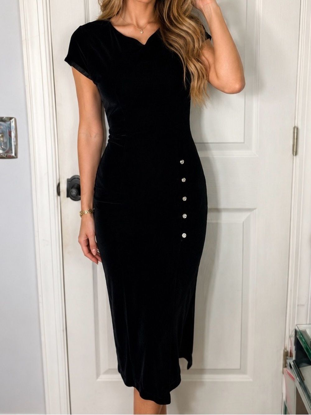 Vintage Elegant Black Midi Dress with Rhinestone Side Button Detail